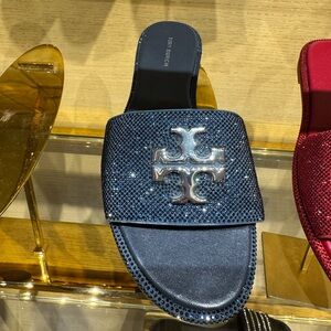 Tory Burch Everly Slide Sandals Calf Leather Crystal Design